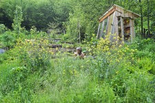 Valérie dans son jardin au printemps, quand la vie reprend et qu'il faut tout préparer pour la haute saison, mai 2023. (c) Céline Gaille / Hans Lucas pour le Forum Vies Mobiles. 